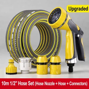 10-Mode Garden Hose Nozzle with Flexible Hose Kit Multi-Functional Watering & Cleaning Spray Head 0.5mm Aperture 1/2” Port
