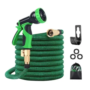 100 FT Expandable Magic Expanding Flexible Hose with Brass Fittings Spray Gun Nozzle Garden Water Hose Pipe Reel