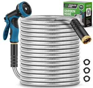 100FT 16MM Garden Hose Multi Function Nozzle Stainless Steel Connectors Leak proof No Kink High Pressure 550PSI
