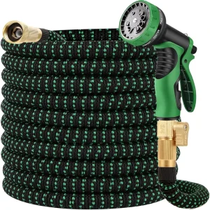 100FT Expandable Garden Hose with 3/4″ Solid Brass Fittings Flexible Retractable Water Hose and 10 Pattern Spray Nozzle