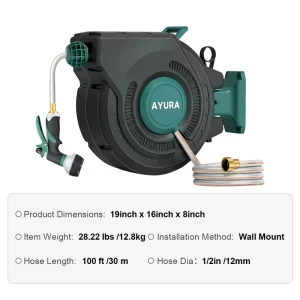 100FT Retractable Hose Reel Auto Rewind Wall Mounted Garden Water Hose With Spray Nozzle
