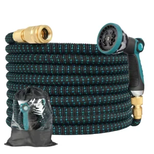 100ft Expandable Garden Hose with 10 Function Spray Nozzle 3 4″ Brass Fittings Flexible & Leak Proof Water Hose Reel