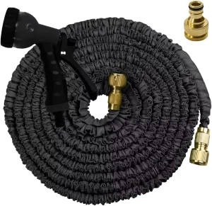 150FT Black Expandable Garden Hose Durable PE Plastic Flexible Lawn Hose with 7 Dial Spray Nozzle and Reel 3/4” ANSI Standard