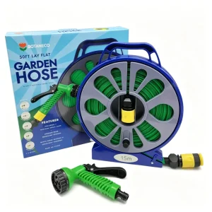 15MPVC Flat Hose Reel Cart With 7-Function Spray Nozzle Portable Flexible Pipe For Garden Watering, Cleaning and Car Washing