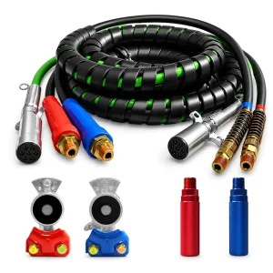 15ft 3 in 1 ABS Air Power Line Rubber Hose Kit Wrap DOT 7 Way Electrical Cable for Semi Trucks Trailer Tractor Brake Systems