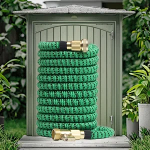 25/100ft Rubber Expandable Hose with Nozzle Durable No Kink High Pressure Retractable for Outdoor Watering