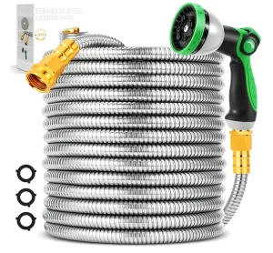 25FT 304 14MM Stainless Steel Garden Hose Portable Kink Free Heavy Duty Lightweight Metal Water Pipe For Car Washing&Watering
