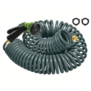 25FT EVA Coil Garden Hose Heavy Duty Lightweight Portable 7-Function Spray Nozzle Brass Connectors for Watering Car Washing