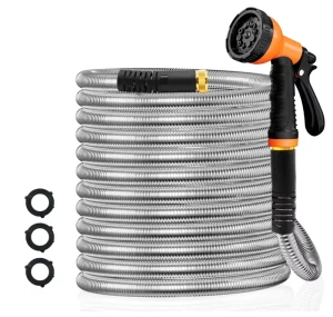 25FT Stainless Steel Core PVC Water Hose Anti UV High Pressure Adjustable Spray Nozzle Kink Leak Resistant 16mm