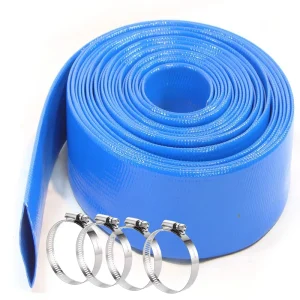 3″ X 50′ Heavy Duty Reinforced Weather Proof Pvc Lay Flat Discharge Hose Blue Pool Backwash Drain Hose With Clamp