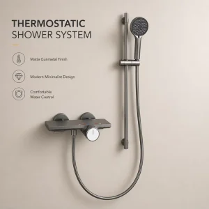 304 Stainless Steel Bathroom Thermostatic Shower System Gun Metal Grey Rainfall Shower Set Wall Mounted