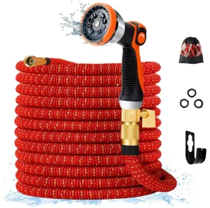 30FT Expandable Luxury Car Tray Stainless Steel Reels 3/4″ Solid Brass Fittings Adjustable 10 Patterns Hose Nozzle 4 Layers