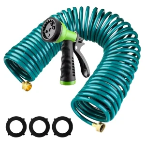 50 Ft Coil Garden Hose Plastic EVA Recoil Self Coiling Expanding Water Hose with 6 Function Spray Nozzle Outdoor Yard