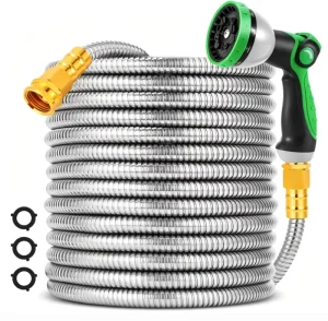 50FT 304 Stainless Steel Garden Hose Kink-Free Heavy-Duty Anti-UV Metal 10-Function Spray Nozzle For Car Washing & Watering