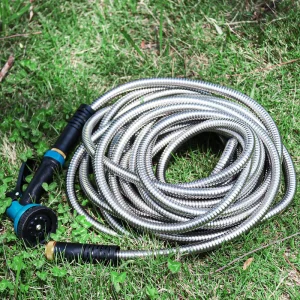 50FT Garden Hose Water Hose 304 Stainless Steel Metal Hose with 10 Function Nozzles No Kink Rust Proof Easy to Store