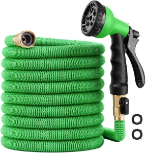 50FT Lightweight Expandable Green Garden Hose with 8-Function Spray Nozzle, Kink-Free Flexible, 3/4″ Solid Brass Fittings