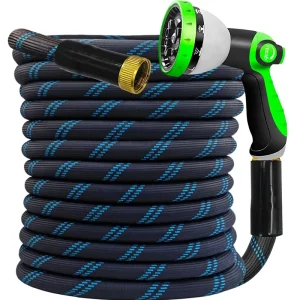 50FT Non Expandable Heavy Duty PVC Garden Hose 300 PSI Flexible Lightweight 10 Function Nozzle No Kink Hose