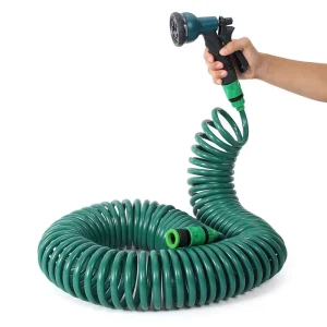 50FT Retractable Coil Garden Hose with Spray Nozzle Lightweight Green for Watering & Car Washing