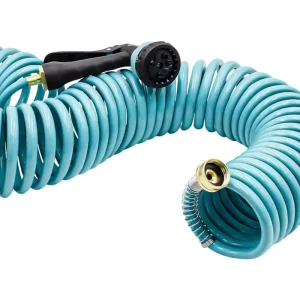 50ft Coiled Garden Hose Brass Connector 7 Function Spray Nozzle Anti Corrosion Expandable Anti Abrasion Durable Light Weight