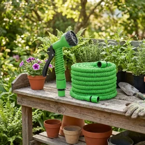 Adjustable 7 Pattern PVC Garden Hose Reel with Multi Use Water Spray Gun for Plant Watering Car Wash House Cleaning