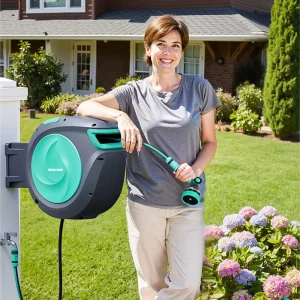 Automatic Retractable Hose Reel Free Pull and Stop Simplify Your Irrigation 180° Free Rotation Garden Hose Reel PVC 1/2″ Hose