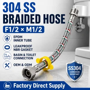 Bathroom Basin Toilet Connector F1 2 X M1 2 EPDM SS304 Leakproof Flexible Stainless Steel Braided Water Supply Hose