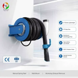 CE ISO Wall Mounted Exhaust Extraction Hose Reel High Airflow Low Noise Manual Spring Return Handle Suction Nozzle Workshop OEM