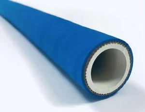 Certified Food Grade Reinforced Rubber Hose With Blue Abrasion Resistant Outer Cover and Smooth White Inner Lining