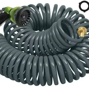 Coiled Durable UV Resistant Garden Hose 3/4 Inch Brass Connector Flexible Kink Free Lightweight Includes 7 Pattern Nozzle