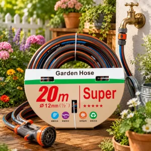 Complete 1/2 Inch 20m Garden Hose Set with Multi Functional Spray Nozzle and Hose Quick Connectors
