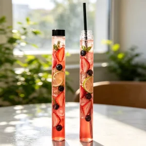 Custom 40mm Clear Long Tube Plastic Bottles and Test Tubes Containers for Sparkling Water and Beverages in Restaurants