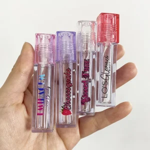 Custom logo Empty square clear 6ml Roll on Lip Gloss Tubes Container with pink Purple Top Lipgloss Roller Tube