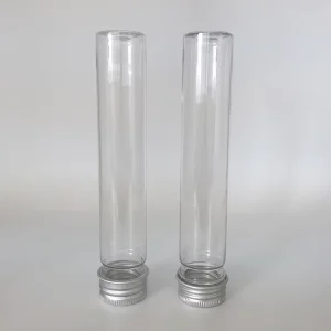 Customize Flat Bottom Plastic PET 2 oz 65ml Transparent Test Tube Container with Aluminum Screw Cap Pressure Sensitive Seal