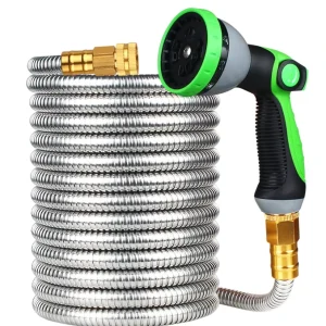 DD3806 Metal Garden Water Hose 50 ft Stainless Steel Heavy Duty Flexible Durable No Kink Hoses Pipe with 10 Function Nozzle
