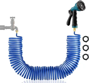 EVA Recoil Garden Hose 50ft Coil Garden Hose with 10 Patterns Hose Nozzle Flexible Water Hose with Solid Brass Connector