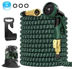 Expandable 100 ft Garden Hose 3/4″ Brass Fittings 10 Pattern Spray Nozzle 5 Layer Latex Core Durable Fabric Water Supply