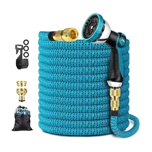 Expandable 150FT Garden Hose Double Latex Core Solid Brass Fittings 9 Function Metal Spray Gun Wall Hanger