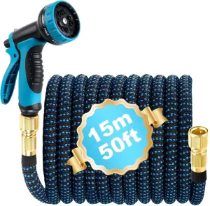 Expandable Flexible Garden Hose 50ft 19mm Diameter 1/2″ & 3/4″ Adapter 10-Function Sprinkler for Garden Irrigation & Car Wash