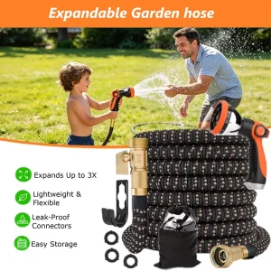 Expandable Garden Hose 10 Mode Spray Gun 3/4″ Thread Aluminum Alloy with Copper Plating Connectors with a Valve for Garden & Car