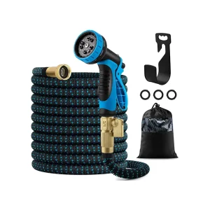 Expandable Garden Hose Solid Brass Fitting Expanding Hose Pipe Set 100ft with 9 Function Spray Nozzle and Durable 4 Layers Latex