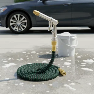Expandable Latex Garden Hose 3X Stretch Flexible Anti UV Durable Leakproof with Spray Nozzle and Brass Fittings
