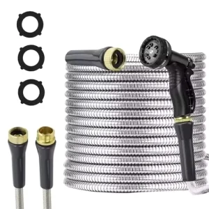 Extensible 25/200ft High Pressure Stainless Steel Garden Hose Kit Wall Mount Reel Handcart 3/8” Diameter for Pet Bathing