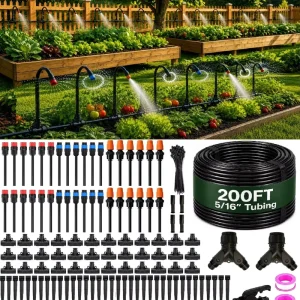 F166 200FT Garden Drip Irrigation Kit Patio Lawn Care Automatic Watering System Adjustable Curved Universal Sprinkler Head