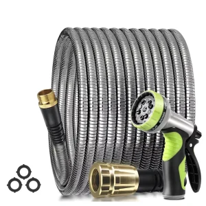 F171 Garden Hose 100 Feet Brass Stainless Steel with Spray Gun Kink-Resistant