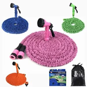 Factory Custom Color Pink 3X Expandable Flexible Durable Latex Magic Water Garden Hose with Multifunctional Spray Gun