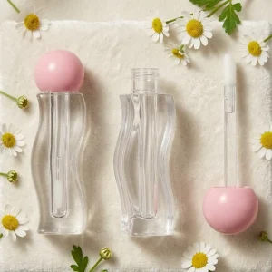 Free Sample Wavy Lip Gloss Tube with Spherical Pink Cap Special Shaped LipGloss Bottle for Cosmetic Lip Tint Refills