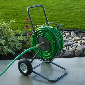 Freestanding Washing Machine Drain Hose Holder 2 Wheel Powder Coated Steel Garden Hose Reel Cart