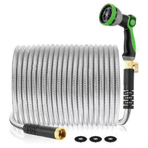 Garden Hose Heavy Duty Stainless Steel Water Hose with 10 Functional Nozzles, No Kink, Lightweight and Flexible
