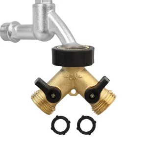 Garden Hose Splitter 2 Way Heavy Duty Brass Connector Tap Splitter Y Splitter 2 Valves With 2 Rubber Washers
