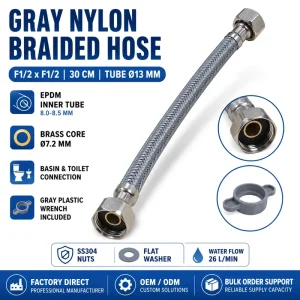 Gray Nylon Braided Faucet Water Supply Hose F1/2 X F1/2 30cm EPDM Brass Core SS304 Female Nuts for Basin Toilet